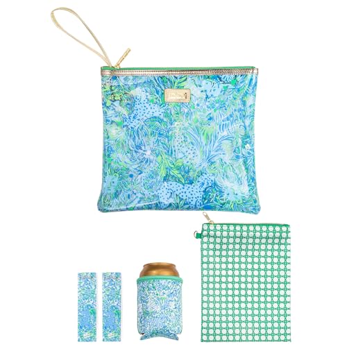 Lilly Pulitzer Water Resistant Vinyl Beach Day Pouch, Zipper Bag Includes Drink Hugger, Small Pouch, and Towel Clips - color: Dandy Lions