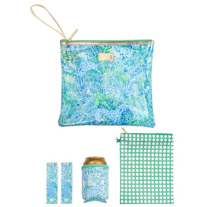 Lilly Pulitzer Water Resistant Vinyl Beach Day Pouch, Zipper Bag Includes Drink Hugger, Small Pouch, and Towel Clips - color: Dandy Lions