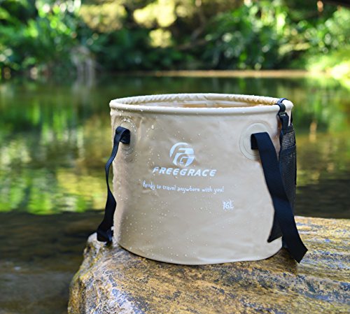 Freegrace Collapsible Bucket with Mesh Tool Pocket - 10L, 16L & 23L Portable Folding Water Container - Heavy Duty 500D Tarpaulin, BPA-Free Wash Basin for Camping, Fishing, RV, and Car Washing - color: Khaki