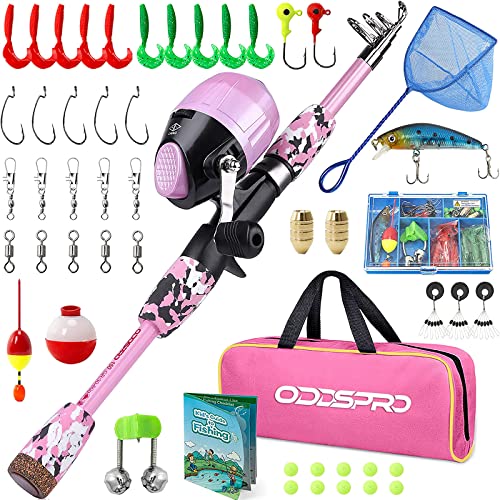 ODDSPRO Kids Fishing Pole - Portable Telescopic Kids Fishing Rod and Reel Combo Kit - with Spincast Fishing Reel Tackle Box for Girls, Youth - color: Light Pink+Net, size: 4.92 ft