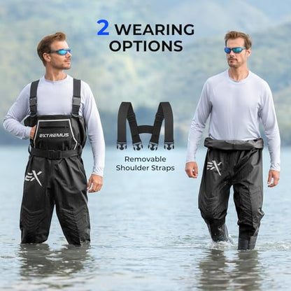Extremus MarshPro Fishing Waders for Men, 100% Waterproof PVC Chest Waders with Slip-Resistant Boots - color: Black