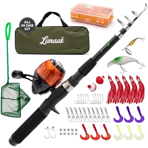 Lanaak Kids Fishing Pole, Kids Portable Telescopic Fishing Rod Set, Tackle Box and Fishing Net Combo Kit, Kids Fishing Gear for Boys and Girls Age 5-10 and Youth - color: Black Rod, size: 1.2m or 3.9FT