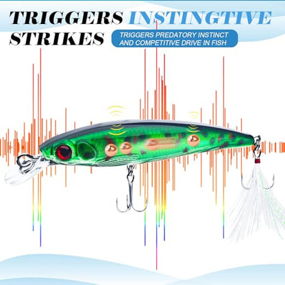 Floating Minnow Fishing Lures with Feathered Treble Hooks, 3D Lifelike Eyes & Holographic Finish, Topwater Hard Baits for Bass, Redfish, Freshwater & Inshore Saltwater Fishing, 3 Pack (A) - color: A-3.6inch/0.24oz/3pcs