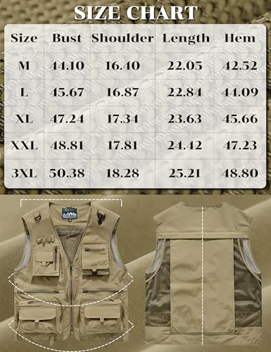 Men's Lightweight Mesh Fishing Vest Utility Outdoor Multi-Pocket Hunting Cargo Vest - color: Khaki, size: XX-Large