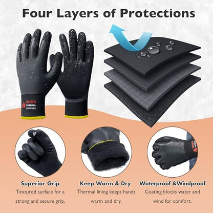 Waterproof Winter Work Gloves, Insulated Thermal, Double Latex Coated | Fleece Lining, Warm & Dexterity, Superior Grip Palm for Men and Women, Ideal for Freezer, Gardening, Fishing, Cleaning, DIY - size: X-Large