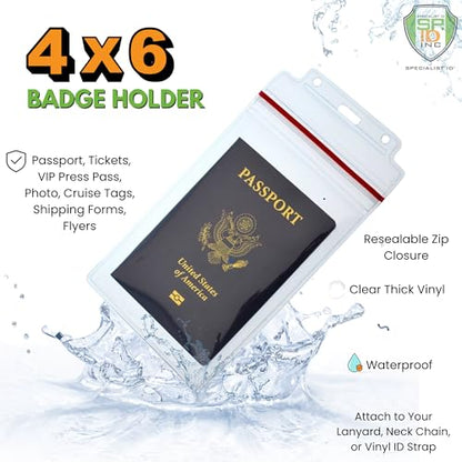 Extra Large Waterproof Badge Holder - 4 X 6 Inch Passport & International Immunization Card - Heavy Duty Resealable Zip Top Closure - 4x6 Holders by Specialist ID (Great for Cruise Essentials) - size: 1 Single