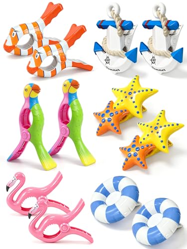 12 Pack Towel Clips for Beach Chairs, Jumbo Beach Towel Clips with Strong Grip, Cute Flamingo Parrot Starfish Anchor Clips for Cruise Pool Patio Lounge Chairs and Vacation Essentials - style: Parrot + Flamingo + Ugly Fish + Starfish + Swimming Ring + Anch