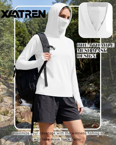 Xaatren 3 Pack Women's UPF 50+ Sun Hoodies with Face Mask Thumb Holes Quick Dry Fishing Shirts UV Protection Hiking Shirt - color: Navy Blue, Blue, White, size: X-Large