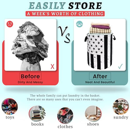 Retro Black and White American Flag Laundry Hamper USA Flag Laundry Basket With Handles Foldable Oxford Cloth Funny Tote Bag Clothes Toy Storage Bucket 18.9 x 16.5 Inch For Bathroom/Laundry/Bedroom - color: Retro Black and White American Flag