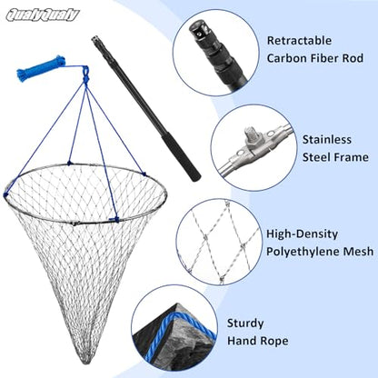 QualyQualy Foldable Pier Fishing Net 23" with Rust-Proof Stainless Steel Ring & Heavy-Duty Poly Mesh | Saltwater & Freshwater Landing Net for Kayak, Bridge Fishing Lightweight Durable Design - color: Gray