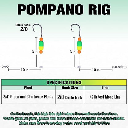 Pompano-Rigs-for-Surf-Fishing-Saltwater-Gear with Double Circle & Wide Gap Hook-6-Pack Surf Fishing Tackle - color: Green and Chartreuse 6-Pack, size: 2/0 Circle Hook