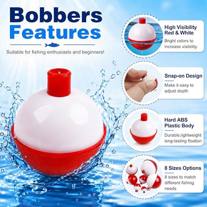 SILANON Fishing Bobbers Hard ABS Fishing Floats Bobbers Push Button Round Buoy Floats Red/White Snap-on Bobbers for Crappie Trout Catfish Bass Fishing Party Decoration 0.5in-2.5in - style: 0.75inch-15pcs