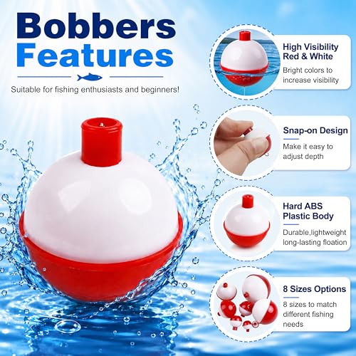SILANON Fishing Bobbers Hard ABS Fishing Floats Bobbers Push Button Round Buoy Floats Red/White Snap-on Bobbers for Crappie Trout Catfish Bass Fishing Party Decoration 0.5in-2.5in - style: 2inch-8pcs