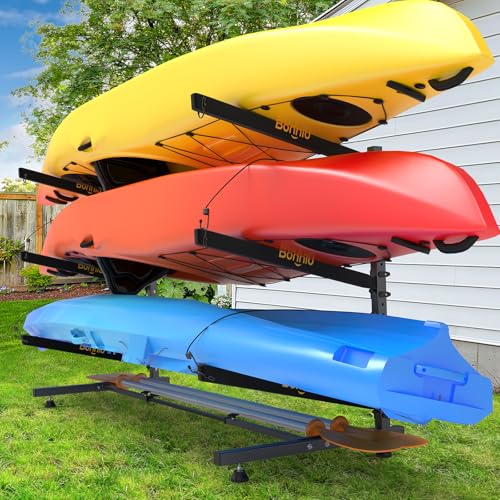 Bonnlo Kayak Storage Rack, Adjustable Heavy Duty Kayak Rack for Kayaks Paddle Boards, Kayak Paddle Holder for Garage, Spacesaver, Gentle on Padding, Boat Organizer - style: 3 Kayaks, Free Standing