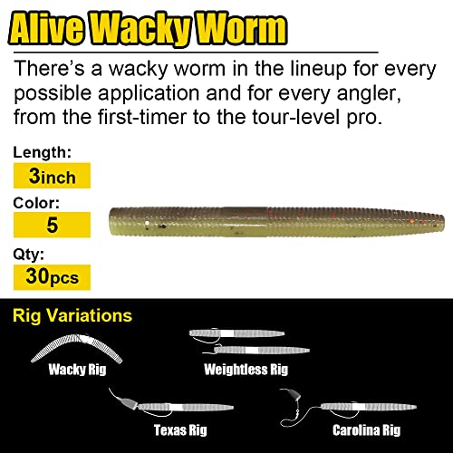 Wacky-Worms-Bass-Fishing-Lure-Kit-Wacky-Rig-Worms-Soft-Plastic-Stick-Baits3 4" 5" 6 inch - color: 3 inch 30 pcs