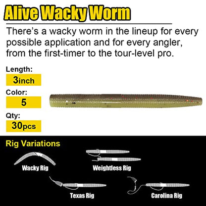 Wacky-Worms-Bass-Fishing-Lure-Kit-Wacky-Rig-Worms-Soft-Plastic-Stick-Baits3 4" 5" 6 inch - color: 3 inch 30 pcs