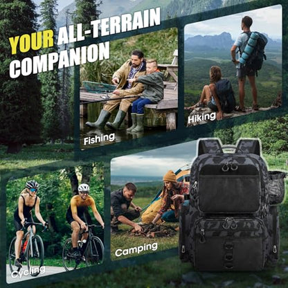RAINSMORE 45L Fishing Backpack with Rod Holders & Rain Cover Large 900D Water-resistant Fishing Tackle Bag Store Fishing Gear - color: Black Blue Camouflage