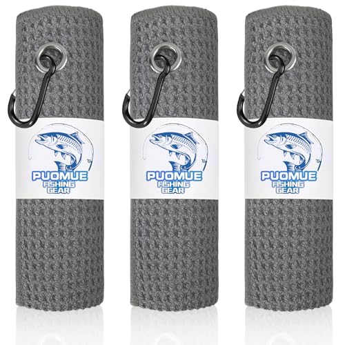 Puomue 3 Pack Microfiber Fishing Towels with Clip, 16" X 16", Waffle Pattern for Effective Cleaning of Fishing Gears or Dirty Hands, Perfect for Camping Towels and Hiking Towles (Grey, 16"X16") - color: Grey