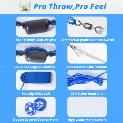 Ultra Light Series Fishing Cast Net (0.8 lb/ft) with Eco-Friendly Lead Weights, 3/8inch Mesh Size, Throw Nets for Freshwater & Saltwater, 4/6/8/10/12 Ft Radius Casting Net - size: 4-ft radius