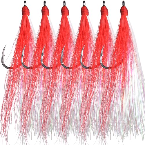 Bucktail Teasers Fishing Hooks Saltwater Flounder Rig Bucktail Mylar Teasers Inserted Fishing Teaser Hooks for Jigs Spoons Lures Hi/Lo Rig Striped Bass Bluefish Flounder Surf Bottom Fishing - color: Red-white, size: 6pcs