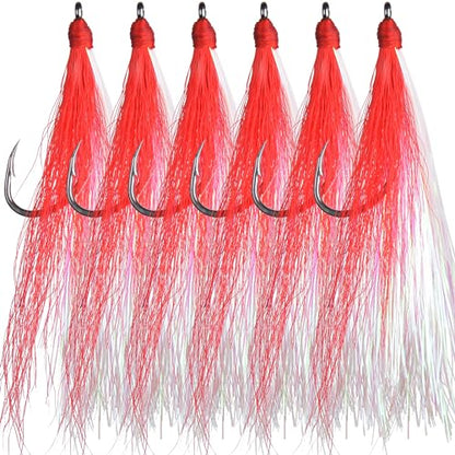 Bucktail Teasers Fishing Hooks Saltwater Flounder Rig Bucktail Mylar Teasers Inserted Fishing Teaser Hooks for Jigs Spoons Lures Hi/Lo Rig Striped Bass Bluefish Flounder Surf Bottom Fishing - color: Red-white, size: 6pcs