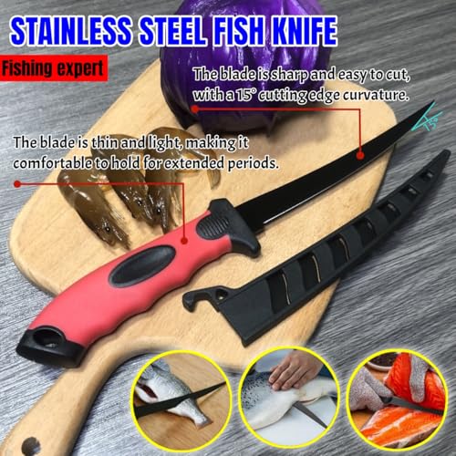 Pro Fishing Gear Fishing Tool Set, Fishing Pliers with Lanyard, Fish Lip Gripper, Fillet Knife, Fishing Braid Scissors, Nylon Sheath, Retractable Tool Tether, Sharpener, Fishing Gifts for Men - color: Red+colorful