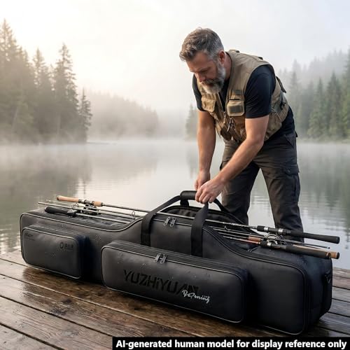 Fishing Rod Bag, 4000D Water-Repellent Oxford Soft Foldable Tackle Storage, Large Belly Fits Up to 4 Poles with Reels, Portable Hand Carry Gear for Car & Shore Fishing
