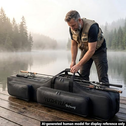 Fishing Rod Bag, 4000D Water-Repellent Oxford Soft Foldable Tackle Storage, Large Belly Fits Up to 4 Poles with Reels, Portable Hand Carry Gear for Car & Shore Fishing