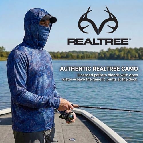 Tough Outfitters Hooded Fishing Shirt UPF 50+ Realtree Camo Sun Hoodie for Men Women – Long Sleeve UV Protection Lightweight - color: Navy Blue, size: Medium