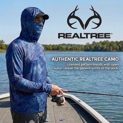 Tough Outfitters Hooded Fishing Shirt UPF 50+ Realtree Camo Sun Hoodie for Men Women – Long Sleeve UV Protection Lightweight - color: Navy Blue, size: X-Large