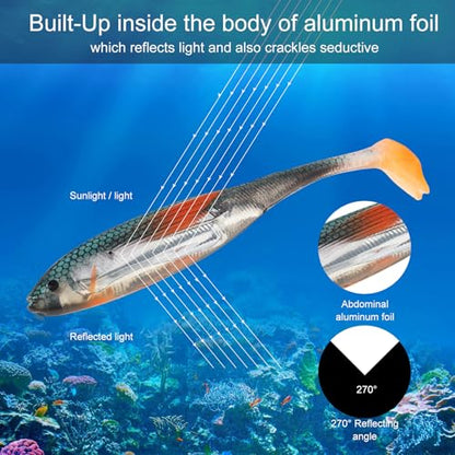 6pcs Fishing Soft Lure Plastic Bait T Tail, Paddle Tail Swimbaits Artificial Bait, Minnow Lures for Bass Pike Trout Perch Fishing Accessory for Saltwater Freshwater