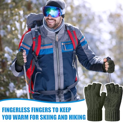 Geyoga 2 Pairs Wool Fingerless Fishing Gloves for Men Women Anti-Slip with Grip Dots Warm Winter Fly Ice Fishing Gloves - color: Black and Green, style: Fingerless