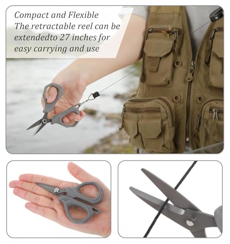 Fishing Scissors for Braided Line, 4" Retractable Braided Fishing Line Cutter Non-Slip Grip Braid Scissors with 27" Retractable Reel Carabiner Design for Easy Carrying Ideal for Saltwater & Freshwater