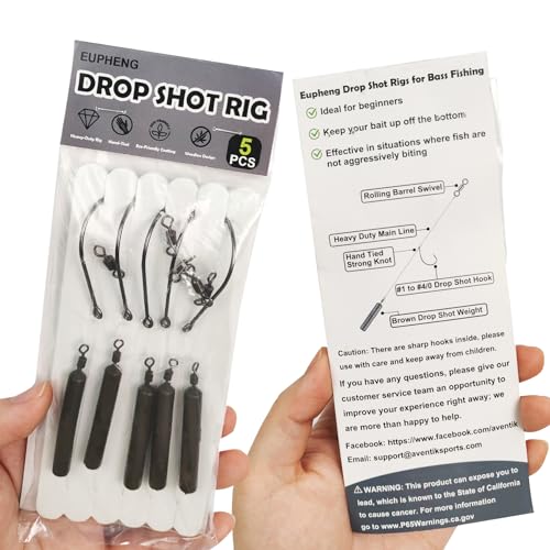 Eupheng Drop Shot Rigs for Bass Fishing, Ready Rig Kit with Barrel Swivel Drop Shot Weights Leader Line and Hook, Multiple Specifications Available - size: #4/0 Hook- 1/2 oz Weight-Qty 5