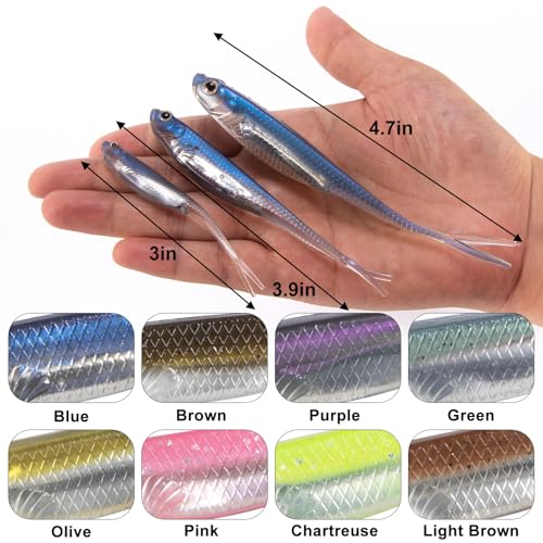 Dr.Fish Soft Plastic Baits, Fork Tail Soft Jerkbait Minnow Lures, 3 to 4-3/4 Inches Soft Swimbaits Jerk Shad Baits Crappie Bass Fishing Lures - color: Olive, size: 4"-5 Pack