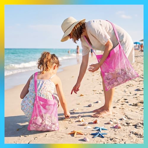 VioraWhite 2 Pcs Extra Large 14 x 16inch Clam Mesh Chum Beach Bags for Seashells Clams Treasures Sand Away Foldable Shell Collection Bags with Adjustable Straps (Pink) - color: Pink