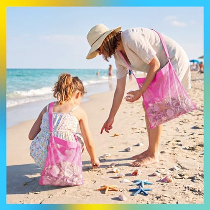 VioraWhite 2 Pcs Extra Large 14 x 16inch Clam Mesh Chum Beach Bags for Seashells Clams Treasures Sand Away Foldable Shell Collection Bags with Adjustable Straps (Pink) - color: Pink