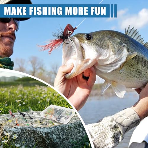 Fly Fishing Poppers Kit- 12pcs Fly Fishing Dry Flies Topwater Fishing Lures Bass Popper Flies Bugs Lures Panfish Bait Fly Trout Bobber Flies Kit for Bass Trout Crappie Panfish Bluegill Salmon