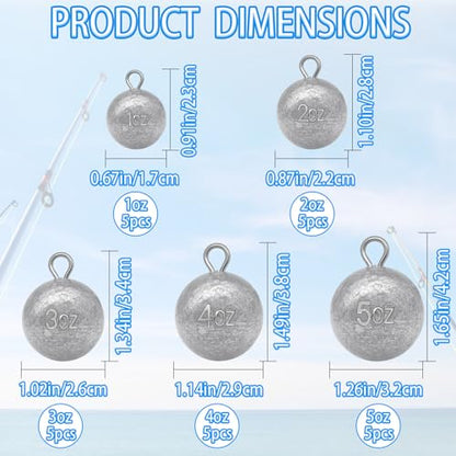 5 Pcs Fishing Round Sinker Cannonball Lead Weights Assortment Egg Drop Bass Weights Saltwater Freshwater Casting 1-5oz - size: Mixed - 5pcs