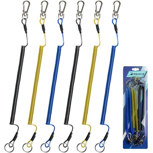 Pristis 6 pcs Fishing Coiled Lanyards, Heavy-duty Retractable Keychain Pole Tether, Safety Leash Steel Wire & Carabiner Clip - color: Black & Blue & Yellow