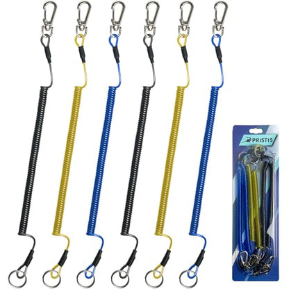Pristis 6 pcs Fishing Coiled Lanyards, Heavy-duty Retractable Keychain Pole Tether, Safety Leash Steel Wire & Carabiner Clip - color: Black & Blue & Yellow