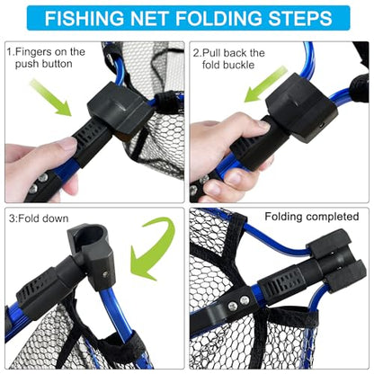 LBW Collapsible Fishing Net with Handle, Folding Kayak Net for Freshwater or Saltwater, Trout Catfish Bass Compact Rubber Landing Net
