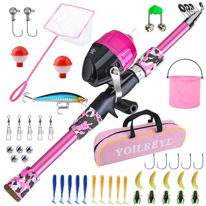 Collapsible Telescopic Fishing Rod and Reel Combo Push Button Small Fishing Pole Kit Beginner Youth Boys Fishing Starter Set Tackle - color: Camo Pink, size: 4.92FT