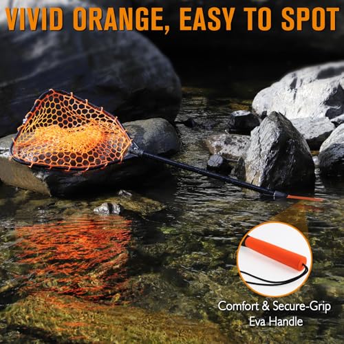 Dovesun Rubber Fishing Landing Nets Telescopic Handle Nets Folding Nets with Collapsible Handle for Catch & Release Fishing Gift 17.6" dia-13.7" Depth Black/Orange - color: Orange