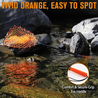 Dovesun Rubber Fishing Landing Nets Telescopic Handle Nets Folding Nets with Collapsible Handle for Catch & Release Fishing Gift 17.6" dia-13.7" Depth Black/Orange - color: Orange