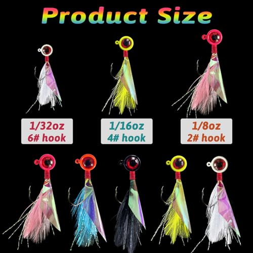 Crappie Jigs - Hand-Tied Jig Heads With Rainbow Skin Feather, Fishing Lures Kit for Bass, Walleye, Panfish, Sunfish - 1/32oz, 1/16oz, 1/8oz - color: 10pcs-1/16oz