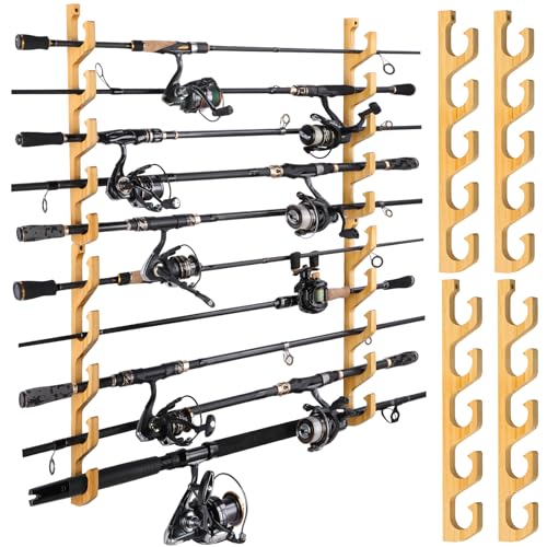 PLUSINNO H5W Horizontal Fishing Rod/Pole Holders for Garage, Wall or Ceiling Mounted Rack, Solid Wood Fishing Rod Holder Holds up to 5/10/20 Rods or Combos Fishing Gear, Gifts for Men - color: 2pack(store 10 fishing rods or combos)