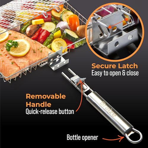 Stainless Steel Large Grill Basket with Removable Handle – 12.25 x 9.5 x 1.5 Inch BBQ Vegetable Basket with Easy Open Lid, Silicone Basting Brush & Scrub Sponge – Outdoor Cooking & Camping Accessory - size: w/ Accessories