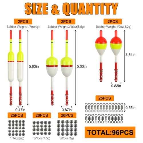 Fishing Bobber Floats Kit 96pcs Slip Bobbers Rig Kit Spring Oval Stick Fishing Floats and Bobbers Fishing Swivels Split Shot Weights for Crappie Catfish Trout Bass Fishing