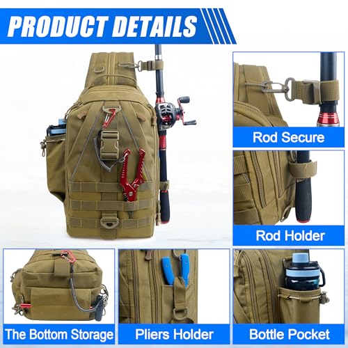 Fishing Backpack Sling Tackle Bag with Rod & Gear Holder Lightweight Outdoor Water-Resistant Shoulder Storage Bag Fishing Gift for Men Women